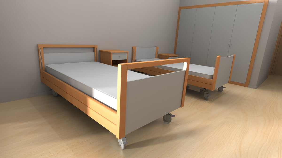 Cama articulada elétrica com carro elevação elétrico e grades madeira