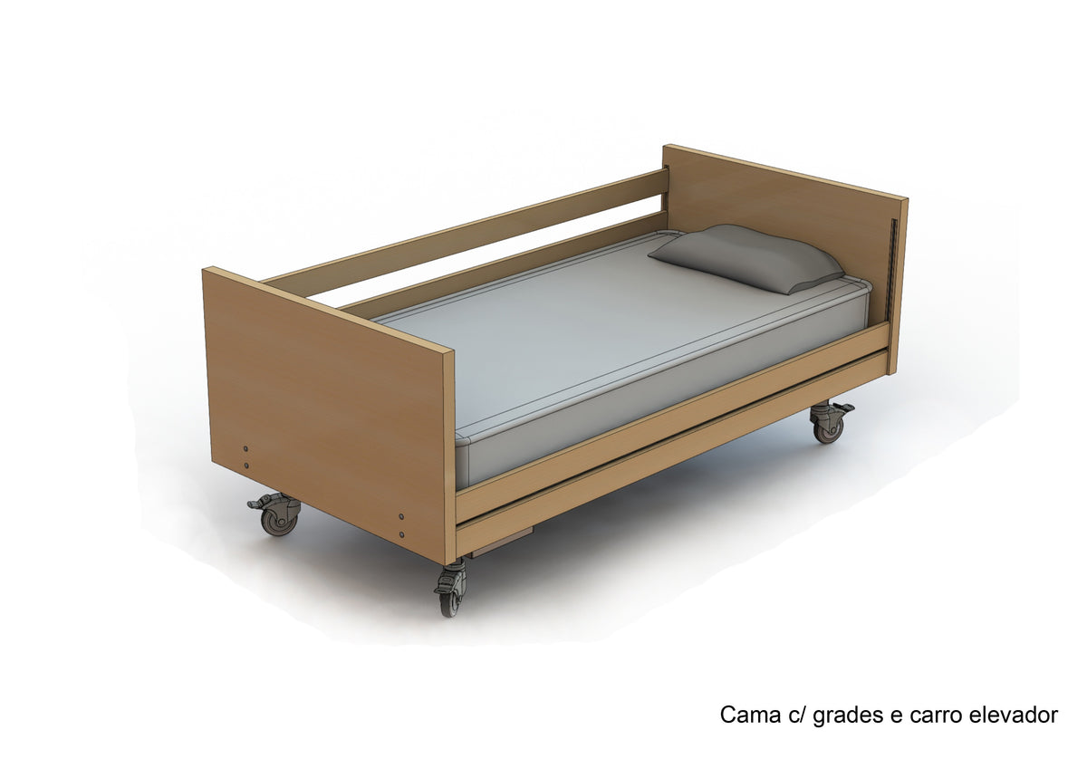 Cama articulada elétrica com carro elevação elétrico e grades madeira